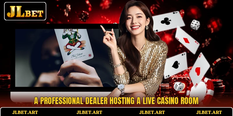 A professional dealer hosting a live casino room