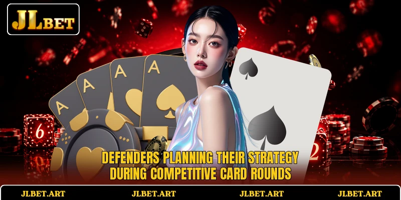 Defenders planning their strategy during competitive card rounds